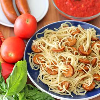 Threaded Spaghetti Hot Dog Bites with Homemade Marinara Sauce
