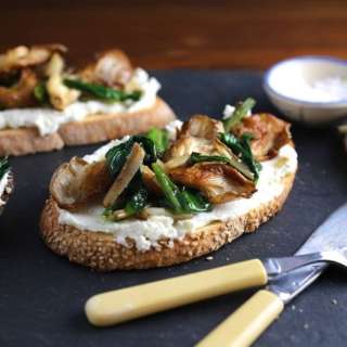 Brown Butter Ramps and Oyster Mushrooms on Ricotta Crostini