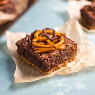 Ultra-Chocolatey Brownies with a Pretzel Crust and Salted Caramel Drizzle