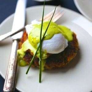 Stuffing Cakes with Poached Eggs and Chive Hollandaise