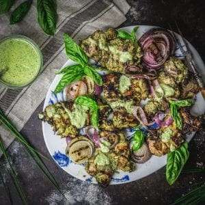 Basil Green Goddess Grilled Chicken with Red Onions