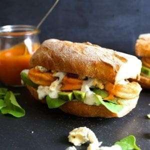 Grilled Buffalo Shrimp and Avocado Sandwiches with Blue Cheese Sauce