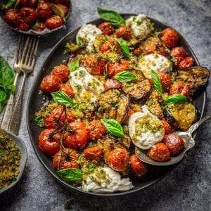 Grilled Eggplant, Roasted Tomatoes and Burrata Cheese with Garlic Herb Breadcrumbs