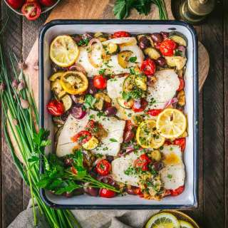 One-Pan Roasted White Fish with Tomatoes, Zucchini and Olives