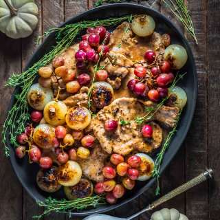 Smothered Pork Chops with Cipollini Onions and Grapes