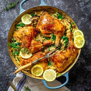 One-Skillet Crispy Chicken with Buttery Lemony Mushroom Orzo