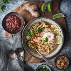 Gingery Chicken and Rice Noodle Soup with Crispy Garlic