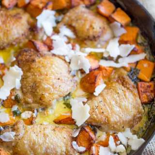 Creamy Garlic Parmesan Roasted Chicken and Sweet Potatoes