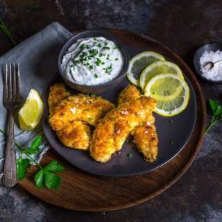 Crispy Oven-Fried Chicken Tenders with Garlic-Herb Yogurt Dip