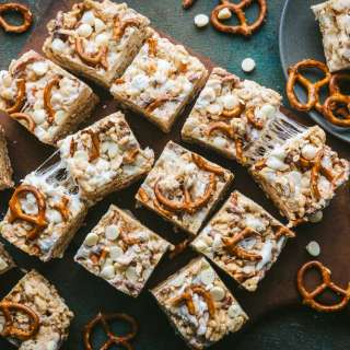 Brown Butter Rice Krispie Treats with Toasted Marshmallows, Pretzels and White Chocolate